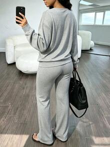 INAWLY Solva Setelan 2 Potong Atasan & Celana Warna Polos Serbaguna Kasual Musim Gugur - Light Grey - View 3