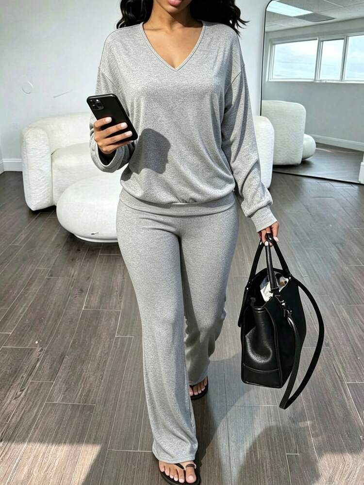 INAWLY Solva Autumn Casual Versatile Solid Color Top & Pants 2 Pieces Set - Light Grey - View 4