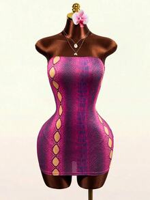 Mistrie 粉紫色蛇紋印花抹胸貼身迷你洋裝，無袖派對夜店短洋裝，蛇紋印花洋裝，抹胸迷你洋裝，Y2K洋裝 - 彩色 - 查看 6