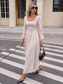 Serisse 女款條紋百褶休閒日常秋冬優雅正式商務時尚返校返校季返校日返校派對新年派對婚禮外出 - 杏色 - 查看 3