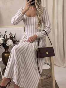 Serisse 女款條紋百褶休閒日常秋冬優雅正式商務時尚返校返校季返校日返校派對新年派對婚禮外出 - 杏色 - 查看 6