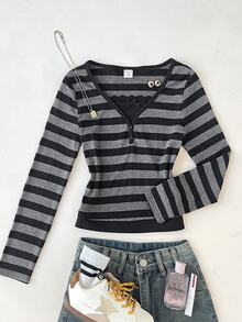 SHEIN 青少年女孩針織皇家藍對比蕾絲休閒長袖T恤 - 彩色 - 查看 6