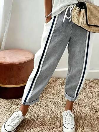 Breezaya Pantalones casuales de mujer con cintura anudada, bloques de color, bolsillos y corte cónico