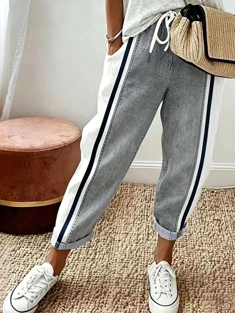 Breezaya Women's Waist Tie Colorblock Pocket Casual Tapered Pants - Grey - View 1