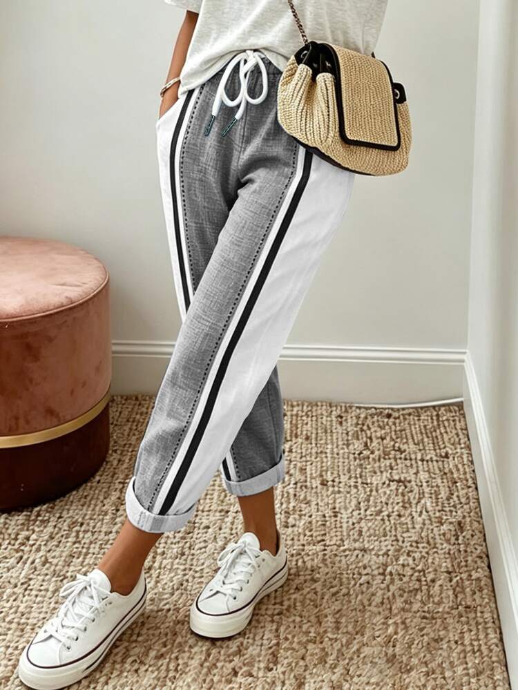 Breezaya Women's Waist Tie Colorblock Pocket Casual Tapered Pants - Grey - View 4