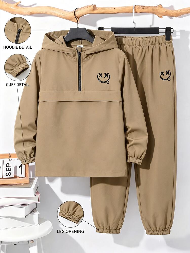 Conjunto de 2 piezas de chaqueta con capucha y media cremallera y pantalones largos con puños para niño preadolescente, estilo deportivo casual para otoño/invierno - Caqui - Añade 1