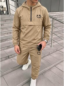 青少年男孩半拉鍊連帽外套與收口長褲2件套，休閒運動風，適合秋冬 - 卡其色 - 查看 4