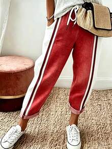 Breezaya Women's Side Stripe Drawstring Waist Pocket Casual Long Pants - Red - View 1