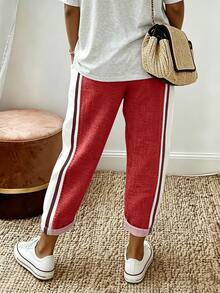 Breezaya Women's Side Stripe Drawstring Waist Pocket Casual Long Pants - Red - View 2