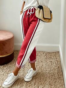 Breezaya Women's Side Stripe Drawstring Waist Pocket Casual Long Pants - Red - View 3