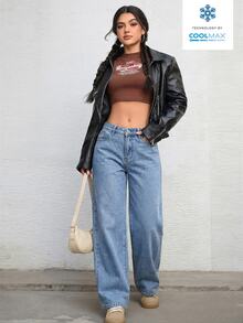 SHEIN ICON 女士休闲日常通勤百搭宽松阔腿牛仔裤 - 淺色水洗藍 - 查看 4