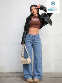 SHEIN ICON 女士休闲日常通勤百搭宽松阔腿牛仔裤 - 淺色水洗藍 - 查看 5