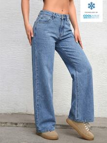 SHEIN ICON 女士休闲日常通勤百搭宽松阔腿牛仔裤 - 淺色水洗藍 - 查看 3