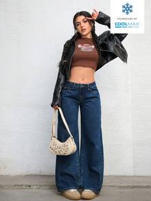 SHEIN ICON Solid Color Slant Pocket Casual Versatile Wide Leg Jeans - Blue - View 5