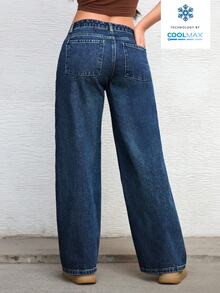 SHEIN ICON Solid Color Slant Pocket Casual Versatile Wide Leg Jeans - Blue - View 2