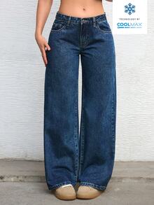 SHEIN ICON Solid Color Slant Pocket Casual Versatile Wide Leg Jeans - Blue - View 1