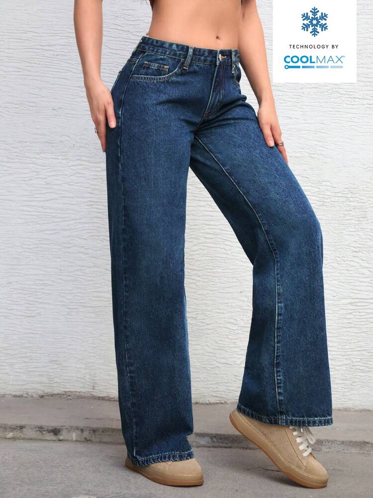 SHEIN ICON Solid Color Slant Pocket Casual Versatile Wide Leg Jeans - Blue - View 3