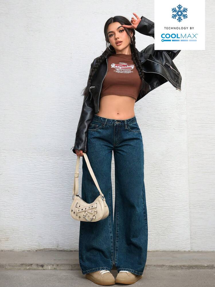 SHEIN ICON Women's Loose Fit Pockets Wide Leg Casual Versatile Denim Jeans - Blue - View 6