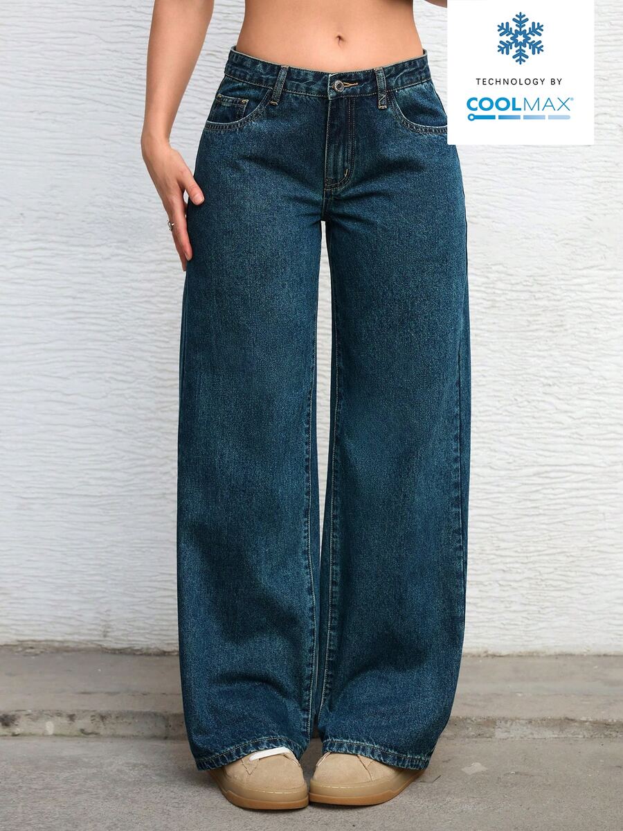 SHEIN ICON 女士宽松口袋阔腿休闲百搭牛仔裤 - 藍色 - 查看 1