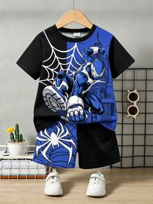 Setelan Celana Pendek Lengan Pendek Kasual Nyaman Bergaya Keren untuk Anak Laki-Laki, Motif Kartun Laba-laba, Warna Kontras Hitam dan Biru, Gaya Keren, Warna Kontras Hitam dan Putih - MultiWarna - View 2