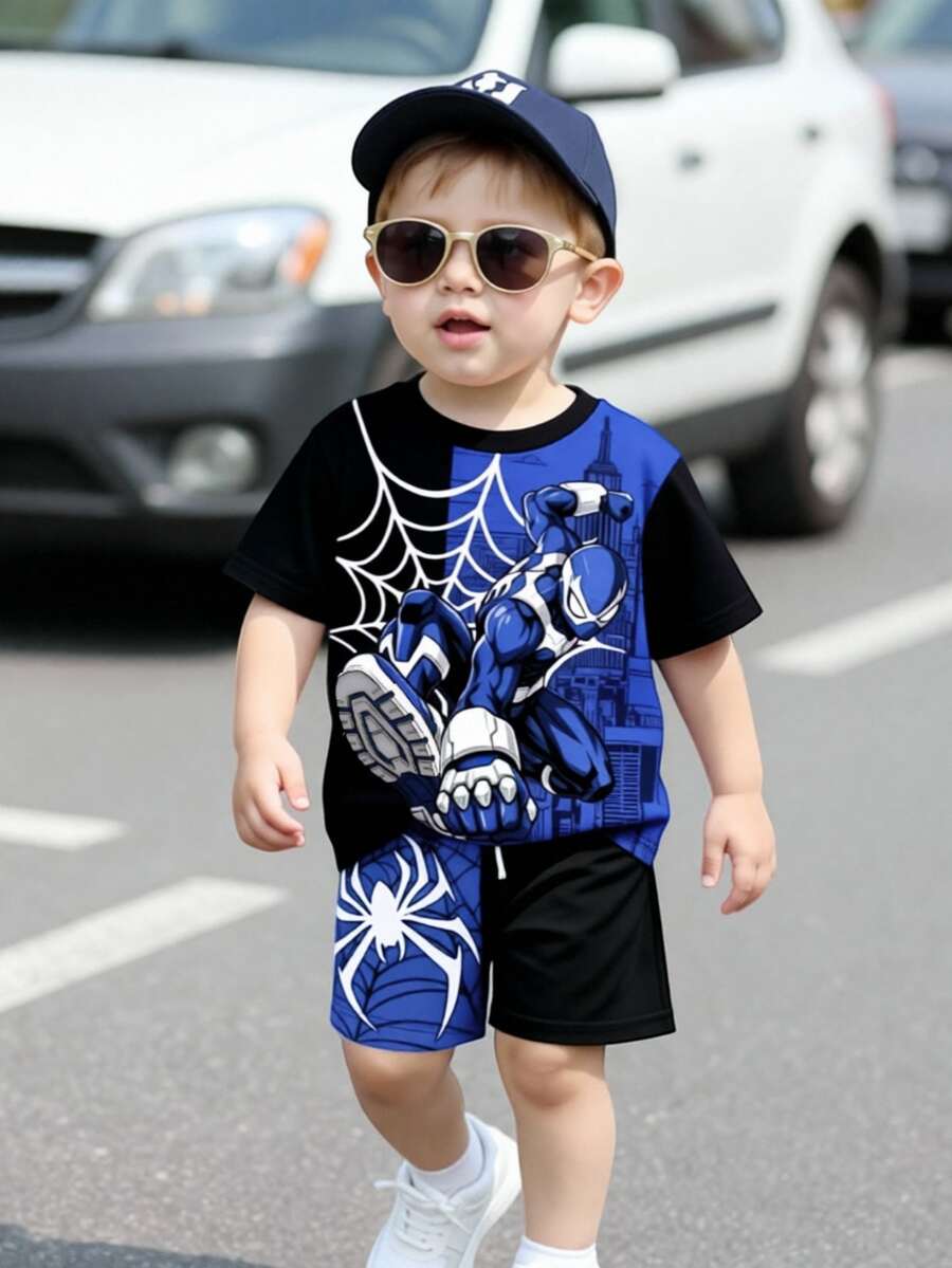 Setelan Celana Pendek Lengan Pendek Kasual Nyaman Bergaya Keren untuk Anak Laki-Laki, Motif Kartun Laba-laba, Warna Kontras Hitam dan Biru, Gaya Keren, Warna Kontras Hitam dan Putih - MultiWarna - View 1