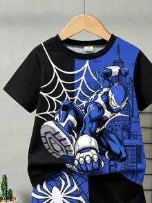 Setelan Celana Pendek Lengan Pendek Kasual Nyaman Bergaya Keren untuk Anak Laki-Laki, Motif Kartun Laba-laba, Warna Kontras Hitam dan Biru, Gaya Keren, Warna Kontras Hitam dan Putih - MultiWarna - View 4