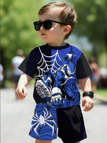 Setelan Celana Pendek Lengan Pendek Kasual Nyaman Bergaya Keren untuk Anak Laki-Laki, Motif Kartun Laba-laba, Warna Kontras Hitam dan Biru, Gaya Keren, Warna Kontras Hitam dan Putih - MultiWarna - View 5