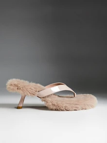 Denimoi Women's Casual Fashion Furry T Strap Heeled Sandals - Beige - View 4