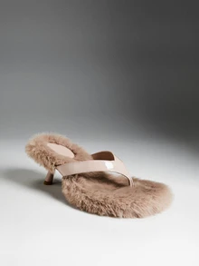 Denimoi Women's Casual Fashion Furry T Strap Heeled Sandals - Beige - View 1