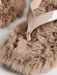 Denimoi Women's Casual Fashion Furry T Strap Heeled Sandals - Beige - View 2