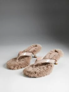 Denimoi Women's Casual Fashion Furry T Strap Heeled Sandals - Beige - View 7