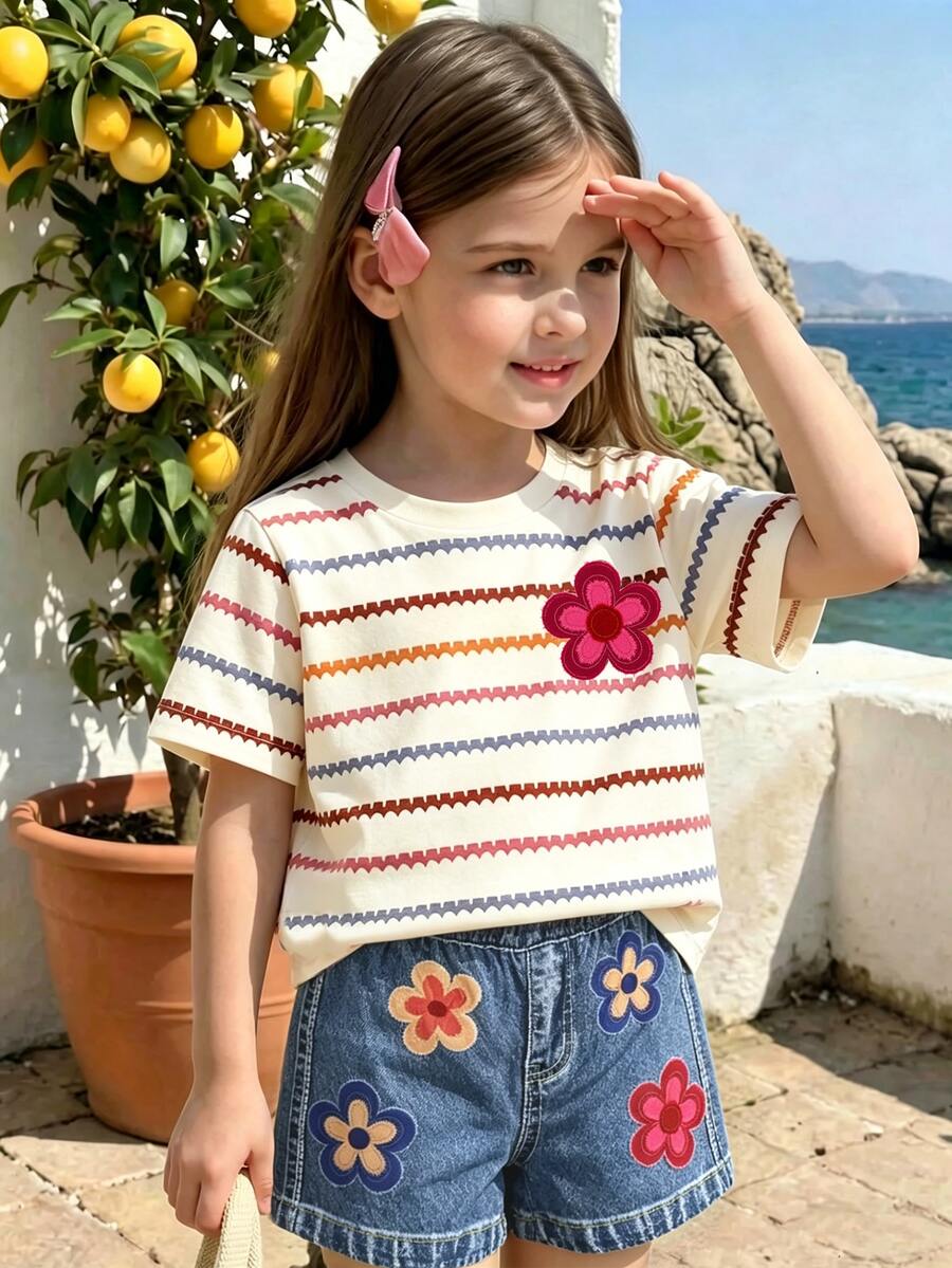 Souflis Souflis 2件組少女卡通花朵公主T恤短褲套裝,甜美可愛,舒適百搭,適合夏季外出 - 彩色 - 查看 1