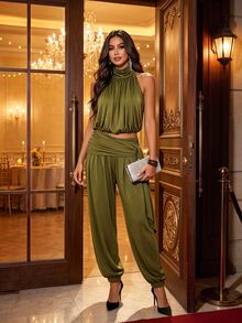 SHEIN Holidaya Solid Color Halter Top Drawstring Harem Pants 2 Pieces Set Summer Tropical Boho Vacation Loose Slimming Sleeveless Outfit Olive Green Beach - Olive Green - View 7