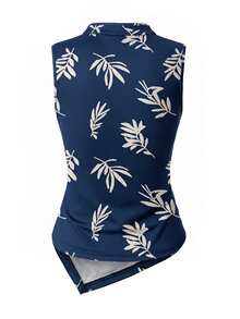 SHEIN Women's Plant Print Button Design Asymmetric Hem Tank Top - Navy Blue - View 4