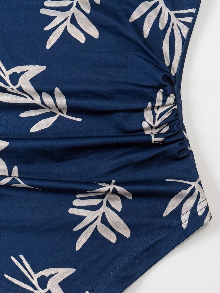 SHEIN Women's Plant Print Button Design Asymmetric Hem Tank Top - Navy Blue - View 6