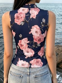 SHEIN 女款夏季休閒優雅 70 年代花卉印花背心上衣 度假派對海軍藍 - 藏蓝色 - 查看 3