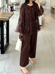 Lacomfia Plus Size Women's Long Sleeve Round Neck Sequin Embroidered Loose Double Layer Pants And Shirt Set, Shiny Party Dinner Outing Vacation Home Wear 2pcs Set - Coffee Brown - View 1