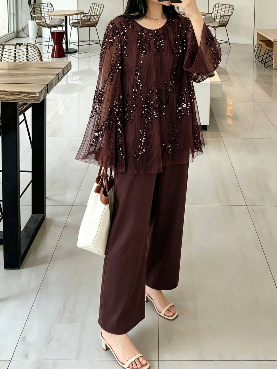 Lacomfia Plus Size Women's Long Sleeve Round Neck Sequin Embroidered Loose Double Layer Pants And Shirt Set, Shiny Party Dinner Outing Vacation Home Wear 2pcs Set - Coffee Brown - View 1