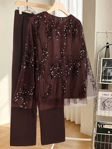 Lacomfia Plus Size Women's Long Sleeve Round Neck Sequin Embroidered Loose Double Layer Pants And Shirt Set, Shiny Party Dinner Outing Vacation Home Wear 2pcs Set - Coffee Brown - View 2