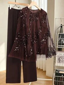 Lacomfia Plus Size Women's Long Sleeve Round Neck Sequin Embroidered Loose Double Layer Pants And Shirt Set, Shiny Party Dinner Outing Vacation Home Wear 2pcs Set - Coffee Brown - View 4