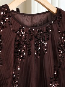 Lacomfia Plus Size Women's Long Sleeve Round Neck Sequin Embroidered Loose Double Layer Pants And Shirt Set, Shiny Party Dinner Outing Vacation Home Wear 2pcs Set - Coffee Brown - View 6