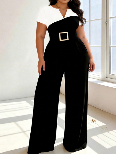 Elenzga Plus Size Women's Contrast Color Cutout V-Neck Short Sleeve Wide Leg Jumpsuit Formal Dates Black And White Summer Elegant Business Casual Business