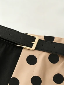 SHEIN LUNE 大尺碼女款秋季極簡優雅傳統時尚商務黑白拼接繫帶直筒長褲，適合辦公與晚宴 - 卡其色 - 查看 5
