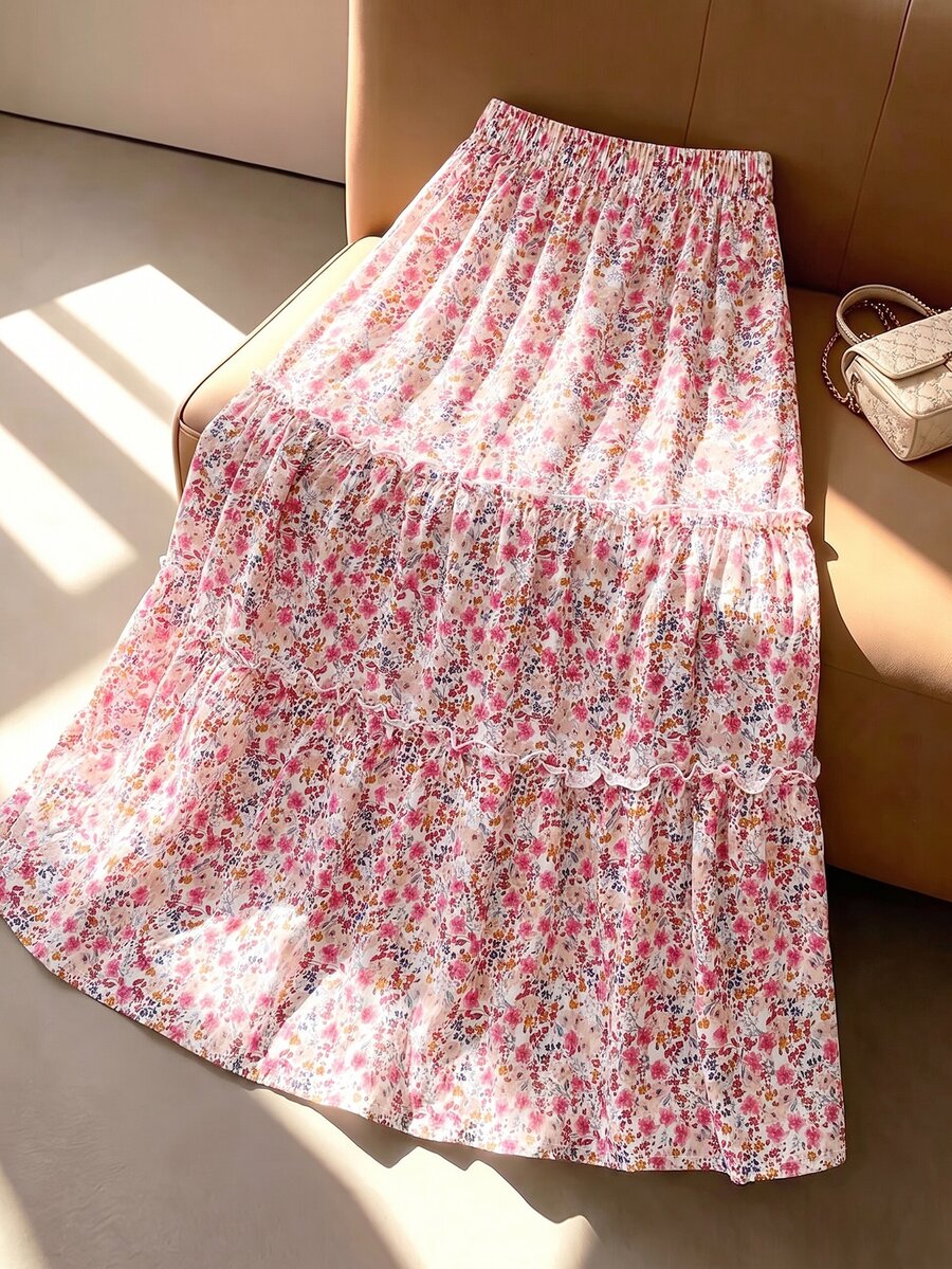SHEIN Clasi Plus Size Women's Spring/Summer Elegant Traditional Vacation Style Floral Print Pattern Ruffle Trim A-Line Skirt Vacation Evening Pink Floral - Multicolor - View 1