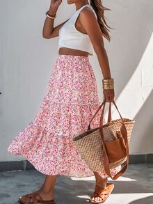 SHEIN Clasi Plus Size Women's Spring/Summer Elegant Traditional Vacation Style Floral Print Pattern Ruffle Trim A-Line Skirt Vacation Evening Pink Floral - Multicolor - View 8