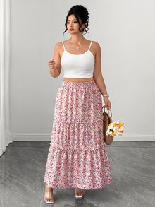 SHEIN Clasi Plus Size Women's Spring/Summer Elegant Traditional Vacation Style Floral Print Pattern Ruffle Trim A-Line Skirt Vacation Evening Pink Floral - Multicolor - View 7