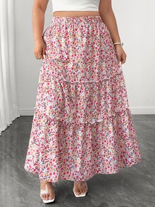 SHEIN Clasi Plus Size Women's Spring/Summer Elegant Traditional Vacation Style Floral Print Pattern Ruffle Trim A-Line Skirt Vacation Evening Pink Floral - Multicolor - View 5