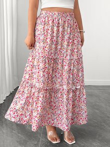 SHEIN Clasi Plus Size Women's Spring/Summer Elegant Traditional Vacation Style Floral Print Pattern Ruffle Trim A-Line Skirt Vacation Evening Pink Floral - Multicolor - View 6