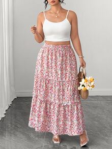 SHEIN Clasi Plus Size Women's Spring/Summer Elegant Traditional Vacation Style Floral Print Pattern Ruffle Trim A-Line Skirt Vacation Evening Pink Floral - Multicolor - View 9