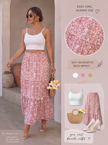 SHEIN Clasi Plus Size Women's Spring/Summer Elegant Traditional Vacation Style Floral Print Pattern Ruffle Trim A-Line Skirt Vacation Evening Pink Floral - Multicolor - View 2